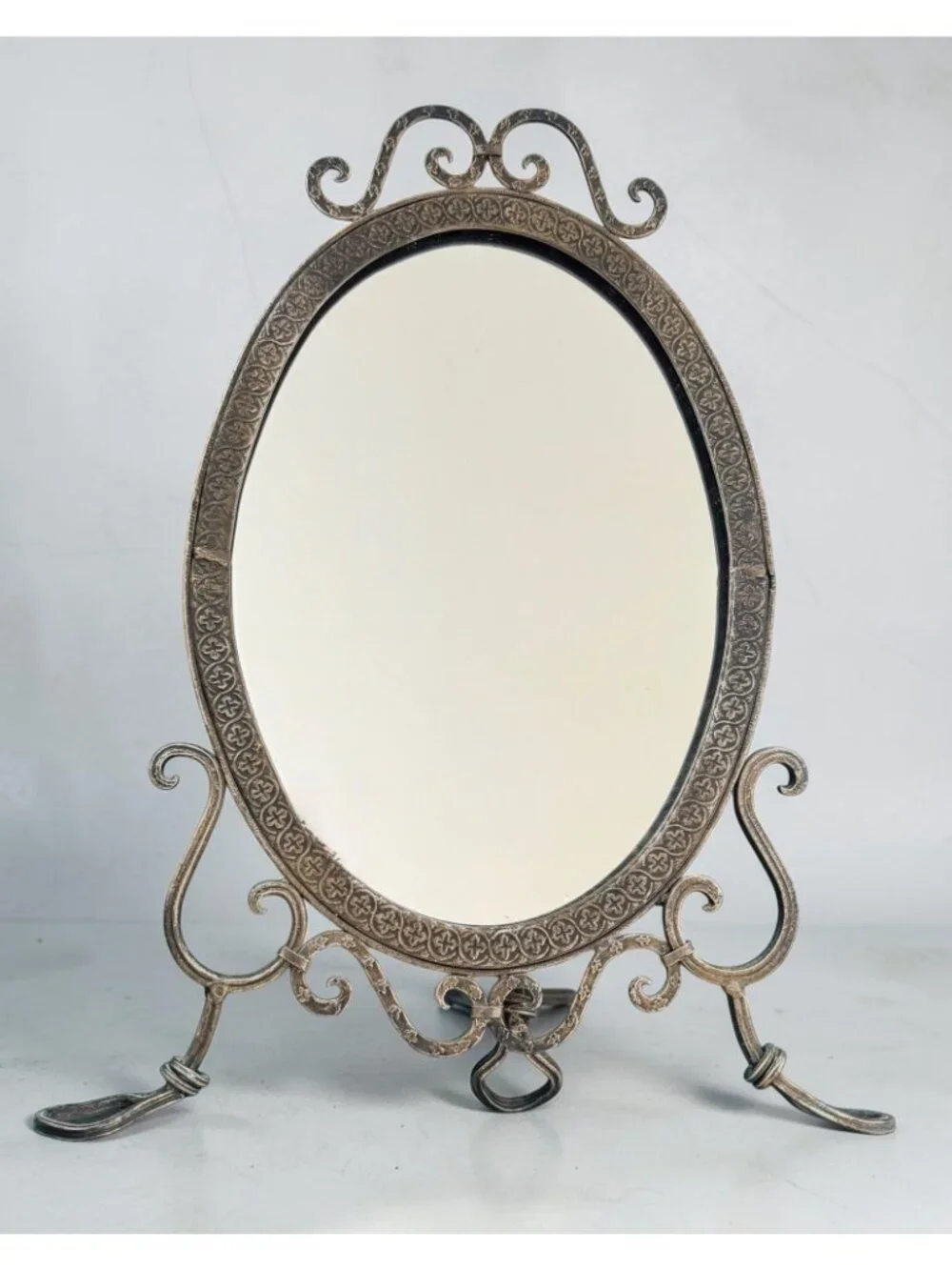 Vintage Ornate Oval Vanity Mirror With Cast Metal Frame & Decorative Stand
